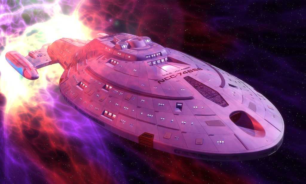 Star Trek Intrepid Class ship, coming out of a bright red, purple, white explosion, the hull of the ship is pink in reflective light.